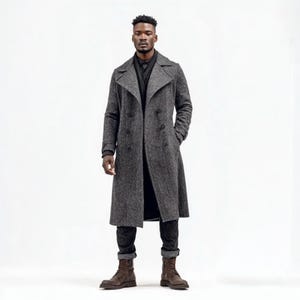 Gabardina larga de lana gris para hombre: abrigo largo clásico y elegante para invierno.