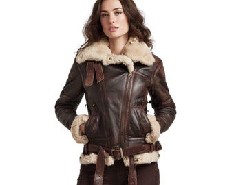 Women’s Brown B3 Shearling Bomber Jacket – Real Sheepskin Leather Aviator Pilot Flight Coat | Vintage Winter Moto Biker Outerwear
