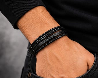 Braided Leather Bracelet for Men Women, Black Multi Layer Wristband, Minimalist Punk Bracelet, Adjustable Fashion Jewelry