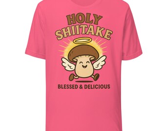 Maglietta con il simbolo del sacro fungo shiitake / Divertente gioco di parole sui funghi / Angelo dei cartoni animati con il simbolo del fungo shiitake con lo slogan "Benedetto e delizioso"