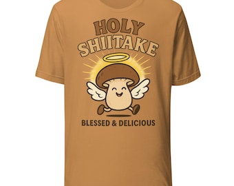 Maglietta con il simbolo del sacro fungo shiitake / Divertente gioco di parole sui funghi / Angelo dei cartoni animati con il simbolo del fungo shiitake con lo slogan "Benedetto e delizioso"