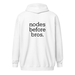 Puede incluir: Sudadera con capucha blanca con el texto "nodes before bros." impreso en negro. La sudadera tiene capucha y mangas largas. La imagen muestra la parte trasera de la sudadera.