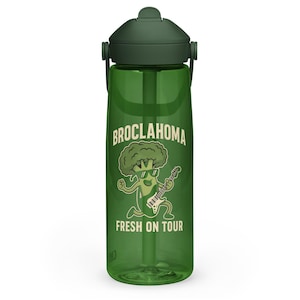 Broclahoma Flip Straw Water Bottle | Funny Broccoli Pun | Cartoon Guitar Rock Star Veggie