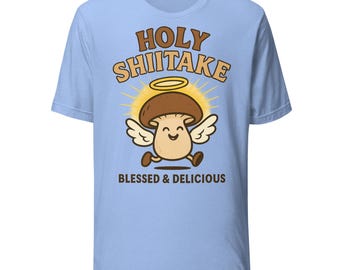 Maglietta con il simbolo del sacro fungo shiitake / Divertente gioco di parole sui funghi / Angelo dei cartoni animati con il simbolo del fungo shiitake con lo slogan "Benedetto e delizioso"