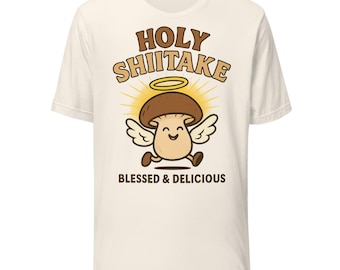 Maglietta con il simbolo del sacro fungo shiitake / Divertente gioco di parole sui funghi / Angelo dei cartoni animati con il simbolo del fungo shiitake con lo slogan "Benedetto e delizioso"