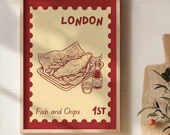 Stampa con francobollo "London Fish and Chips" / Decorazione murale retrò a tema cibo britannico (download digitale)