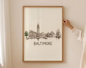Stampa dello skyline di Baltimora, disegno a mano libera del porto interno (download digitale)