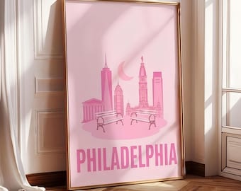 Stampa dello skyline di Philadelphia, poster rosa della città, arte murale minimalista da viaggio (download digitale)