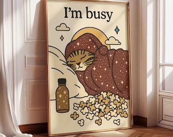 Stampa artistica Cozy Cat: divertente illustrazione di un gatto introverso che dorme (download digitale)