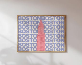 Stampa della Torre di Boston / Decorazione retrò preppy rosa e blu per dormitorio (Download digitale)