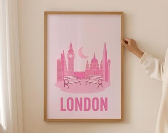 Stampa rosa dello skyline di Londra / Quadro da parete a tema viaggio retrò nel Regno Unito (Download digitale)