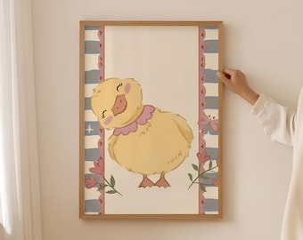 Stampa di un anatroccolo, decorazione murale floreale in stile cottagecore per la cameretta (download digitale)