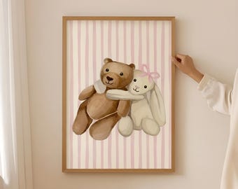 Stampa ad acquerello con orsetto e coniglietto, decorazione murale per cameretta a righe rosa (download digitale)