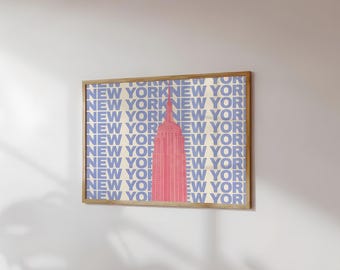 Stampa retrò dell'Empire State Building di New York: decorazione murale rosa e blu di Manhattan (download digitale)