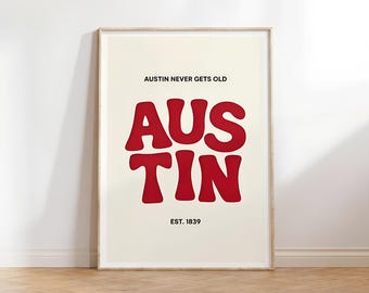 Stampa tipografica retrò in stile Austin / Arte murale vintage anni '70 raffigurante la città (Download digitale)