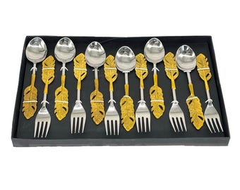 Gold Feather Handle Cutlery Set | Handmade Indian Flatware Gift Box
