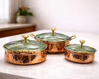 Handmade Hammered Copper Cookware Set: Traditional Indian Serving Pots with Glass Lids