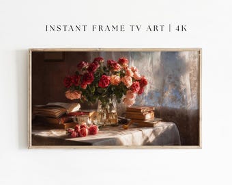 Vintage Dark Academia per Samsung Frame TV con una natura morta di rose malinconiche e un romantico dipinto a olio con libri antichi per un arredamento floreale gotico
