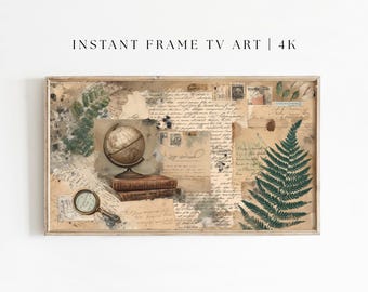 Vintage Dark Academia per Samsung Frame TV con una natura morta a forma di globo e un collage botanico di felci antiche per l'arte murale dello studio vittoriano