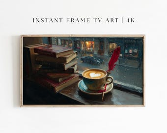 Vintage Dark Academia per Samsung Frame TV con vista su un caffè piovoso e un'accogliente biblioteca, natura morta con caffè e libri, dipinto a olio