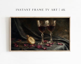 Dark Academia vintage per Samsung Frame TV con una natura morta romantica e suggestiva con bicchieri da vino e orologio da tasca per San Valentino