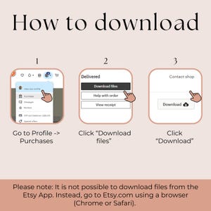 Pu&ograve; includere: Un grafico didattico che illustra come scaricare file su Etsy. I passaggi sono: vai al profilo e agli acquisti, fai clic su "Scarica file", quindi su "Scarica". Il testo consiglia di utilizzare un browser, non l'app di Etsy, per i download.