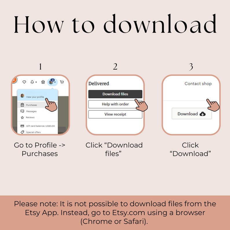 Pu&ograve; includere: Un grafico didattico che illustra come scaricare file su Etsy. I passaggi sono: vai al profilo e agli acquisti, fai clic su "Scarica file", quindi su "Scarica". Il testo consiglia di utilizzare un browser, non l'app di Etsy, per i download.