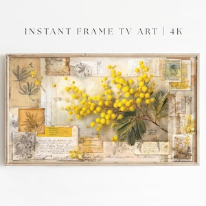 以下が含まれることがあります： ヴィンテージ要素のコラージュが施された、額入りのデジタルアートプリント。植物のイラスト、手書きのテキスト、黄色のミモザの花の枝が特徴です。「INSTANT FRAME TV ART | 4K」の文字が上部にあります。