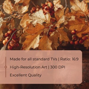 Pu&ograve; includere: Primo piano di fogliame autunnale con foglie arancioni e bacche rosse. L'immagine include il testo: Made for all standard TVs | Ratio: 16:9, High-Resolution Art | 300 DPI, Excellent Quality.