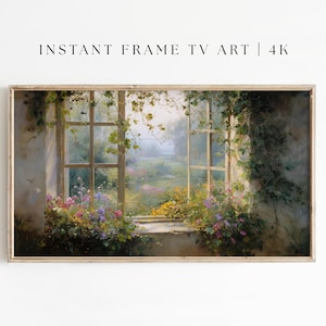 May include: A framed digital art print of a window overlooking a garden. The window is open, with climbing vines and colorful flowers. The text "INSTANT FRAME TV ART | 4K" is at the top.
