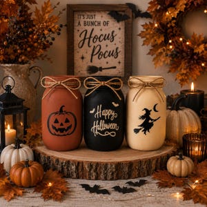 May include: Three painted glass jars with twine bows, featuring a black pumpkin, the text Happy Halloween, and a witch silhouette. The jars are arranged on a wood slice, surrounded by small pumpkins, autumn leaves, and a sign reading It's Just A Bunch Of Hocus Pocus.