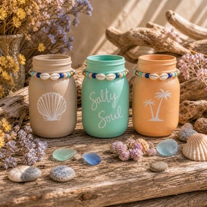May include: Three painted mason jars with seashell accents. One jar is beige with a seashell design, another is mint green with "Salty Soul" text, and the third is orange with a palm tree design. The jars are decorated with seashells and sit on a wooden surface.
