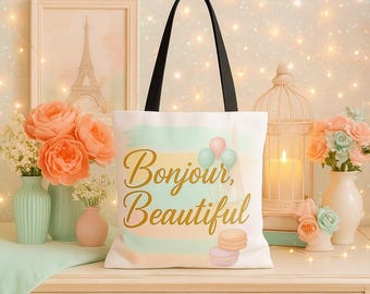 Paris Tote Bag: Macaron & Eiffel Tower Design - Reusable Shopping Bag