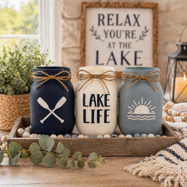 Lake House Decor, Lake Life Mason Jar Set, Coastal Farmhouse, Nautical Home Accent, Summer Centerpiece, Gift for Lake Lover, Rustic Beach