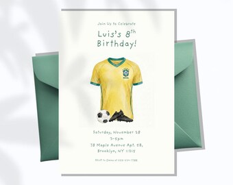 Brasilien Jersey Geburtstagseinladung, Brasilien WM Design, Fußball Thema, Sofort Download Canva Vorlage