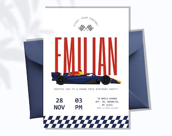 Formel Stier-Einladung, F1 RedBull Geburtstag einladen, Rennwagen-Party-Thema, Instant Download Vorlage