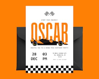 Formel Orange Einladung, McLaren Geburtstag einladen, Racing Party Theme, Sofortiger Download Canva Bearbeitbare Vorlage