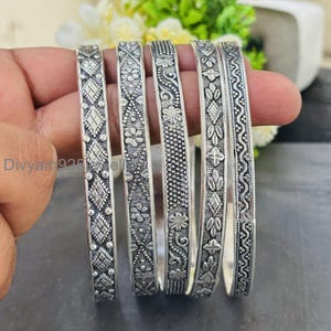 Sterling Silver Bangle Set: West Indian Flower Design, Thick & Thin