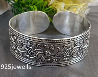 Handmade 925 Sterling Silver Floral Cuff Bangle, Vintage Oxidized Bohemian Jewelry