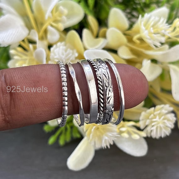 Handmade Sterling Silver Stacking Rings Set - Minimalist Hammered Bands