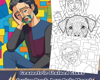Geometric Stained Glass Coloring Book Printable PDF Low Poly Mosaic Art Animals Abstract