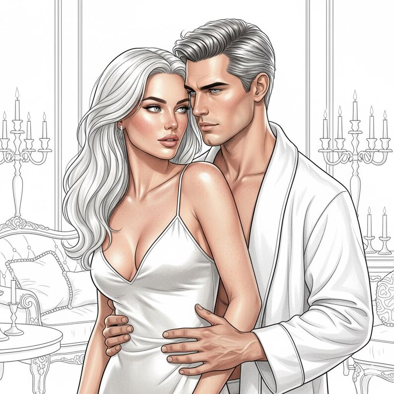May include: Illustration of a couple in a luxurious setting. The woman wears a white slip dress, and the man is in a white robe. They are embracing, with a focus on their faces. The background includes ornate furniture and candle holders.