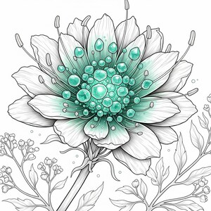 Fantasy flower with turquoise crystal center and sparkling water drops from Botanical Fantasy Coloring Book, 30 printable art pages digital download, detailed black and white line art for adult coloring