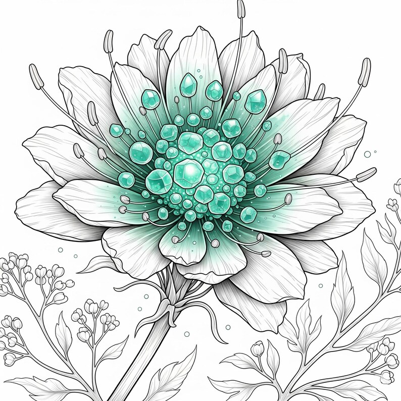 Fantasy flower with turquoise crystal center and sparkling water drops from Botanical Fantasy Coloring Book, 30 printable art pages digital download, detailed black and white line art for adult coloring