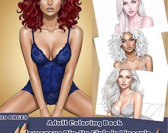 Adult Coloring Book: Glamorous Pin-Up Girls in Lingerie | Printable Digital Pages for Relaxation