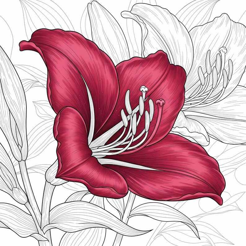 Vibrant red amaryllis fantasy flower with detailed petals and leaves from Botanical Fantasy Coloring Book, 30 printable art pages digital download, black and white line art for adult coloring