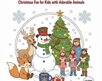 May include: A coloring book cover with the text "Festive Winter Wonderland" and "Christmas Fun for Kids with Adorable Animals." The illustration features a snowman, Christmas tree, reindeer, fox, children singing carols, and a mug.