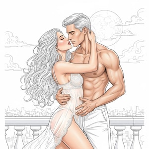 May include: Illustration of a couple embracing and kissing on a balcony. The woman wears a white lingerie set and a sheer robe. The man is shirtless, wearing white pants. A full moon and clouds are in the background.n