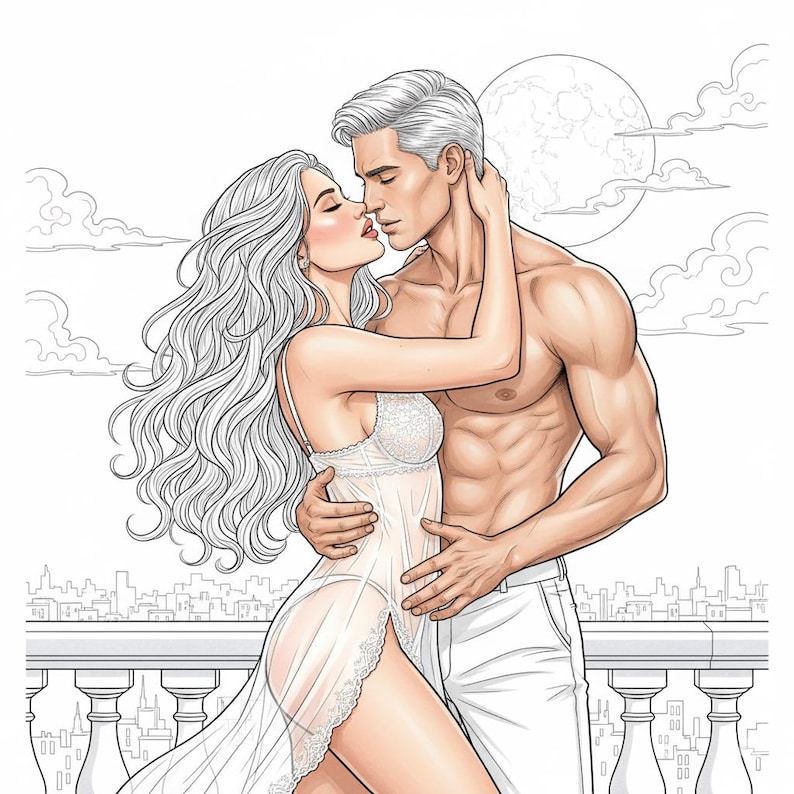 May include: Illustration of a couple embracing and kissing on a balcony. The woman wears a white lingerie set and a sheer robe. The man is shirtless, wearing white pants. A full moon and clouds are in the background.n