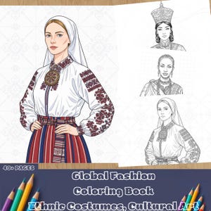 Libro para colorear de moda global / Trajes étnicos, arte cultural / PDF